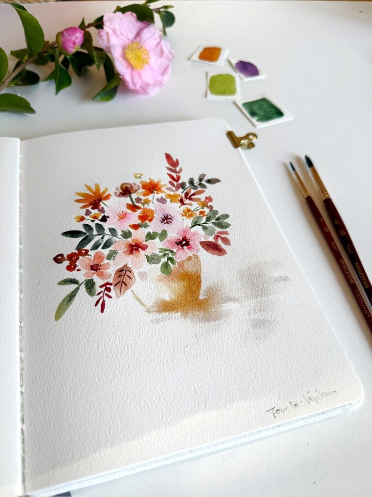 Aquarelle fleur sur carnet Etchr bonjour couleurs