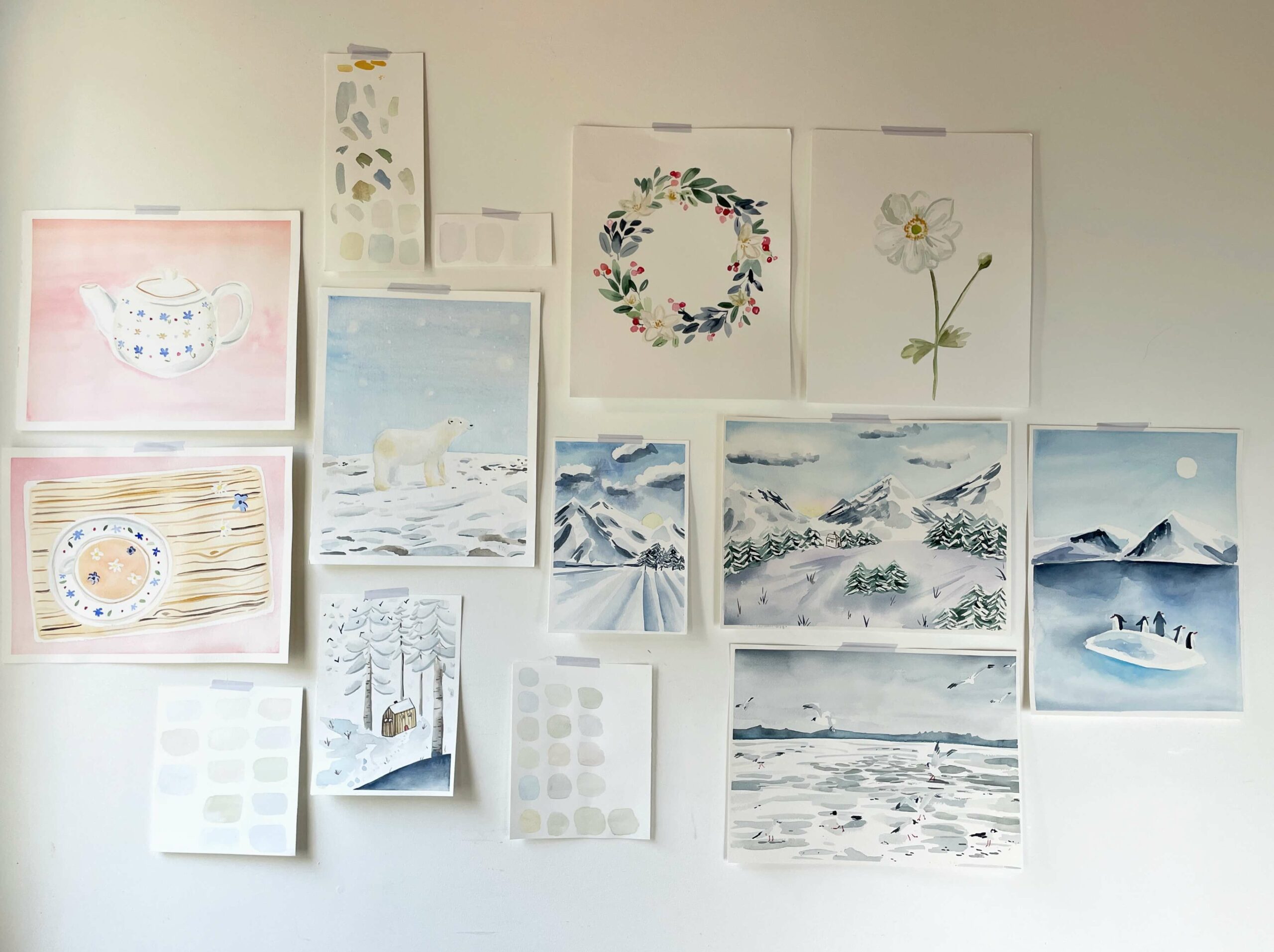 collection aquarelles cours blancs magiques mur horizontal ours paysages théiere