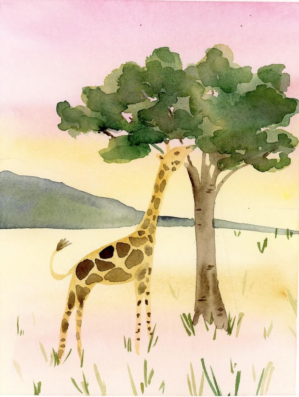 coucher de soleil aquarelle girafe